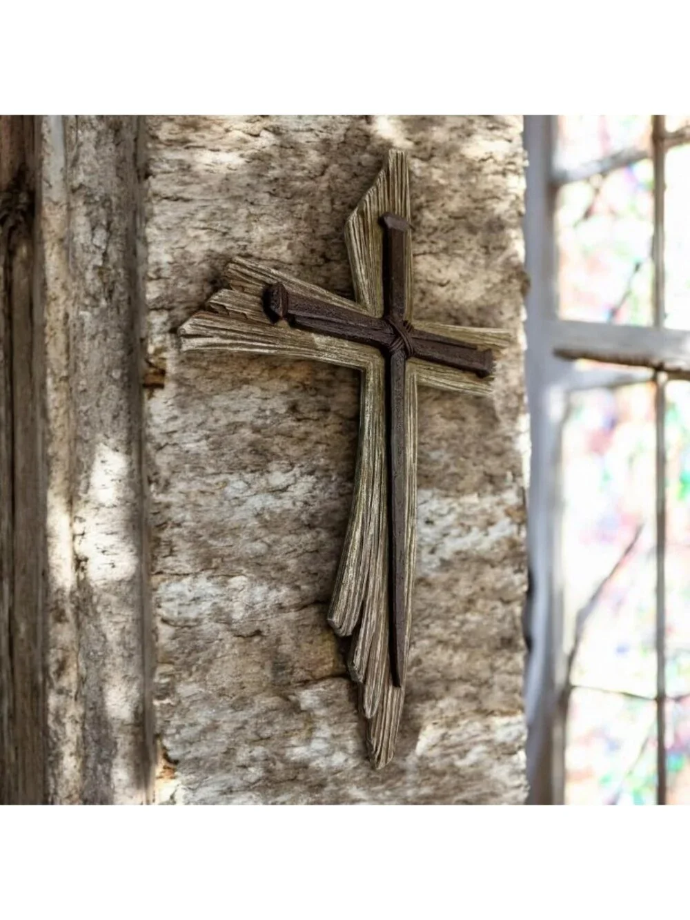 Rustic 3-Nail Wall Cross - 12.5” Resin Christian Decor with Weathered Wood Look